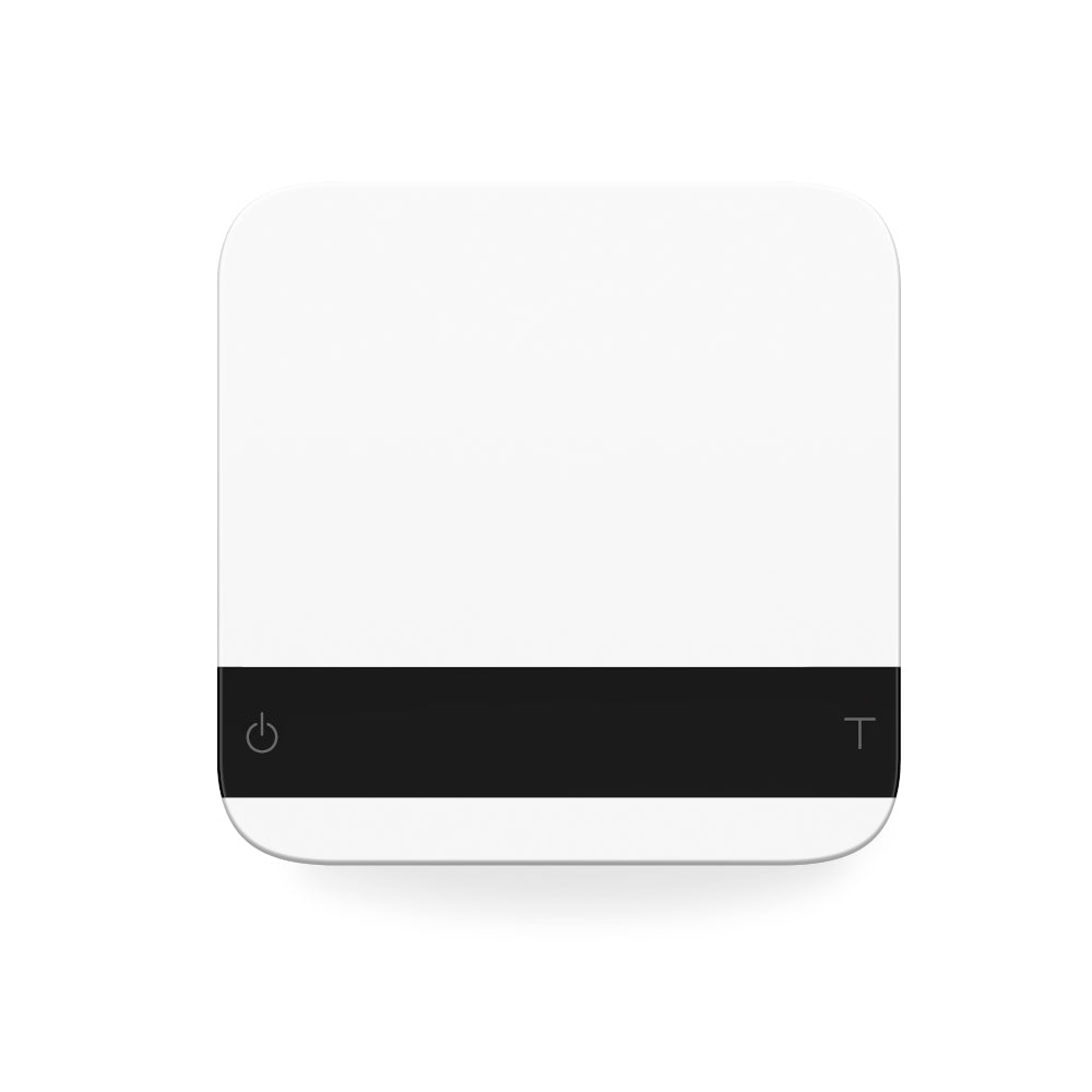 Acaia Lunar 2021 digital coffee scale in white with sleek minimalist design and touch controls