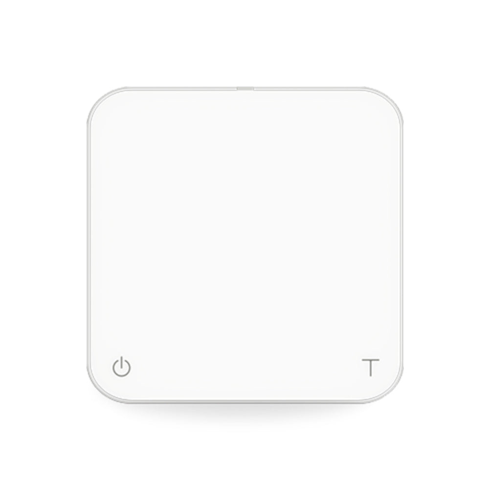 Acaia Pearl 2021 white digital coffee scale with minimalist design and touch controls