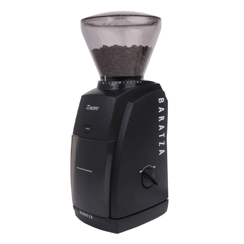 Baratza Encore coffee grinder machine in black with bean hopper and grind settings