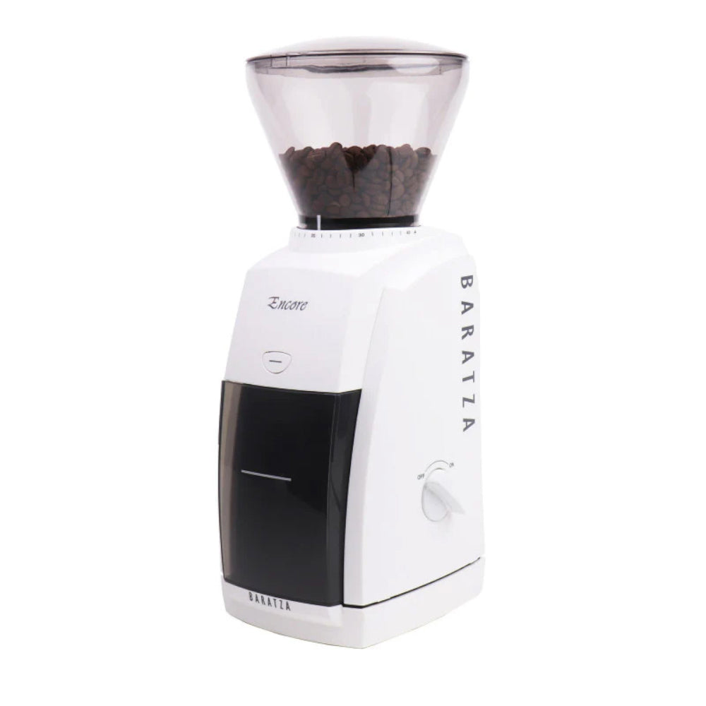 Baratza Encore coffee grinder machine with white body and clear bean hopper
