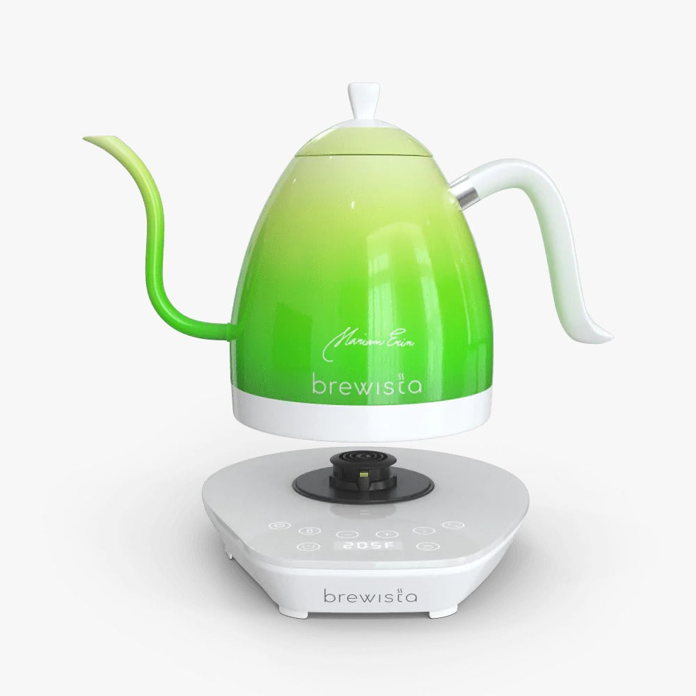 Brewista Artisan Gooseneck Kettle 1.0L in green gradient with white handle on electric base