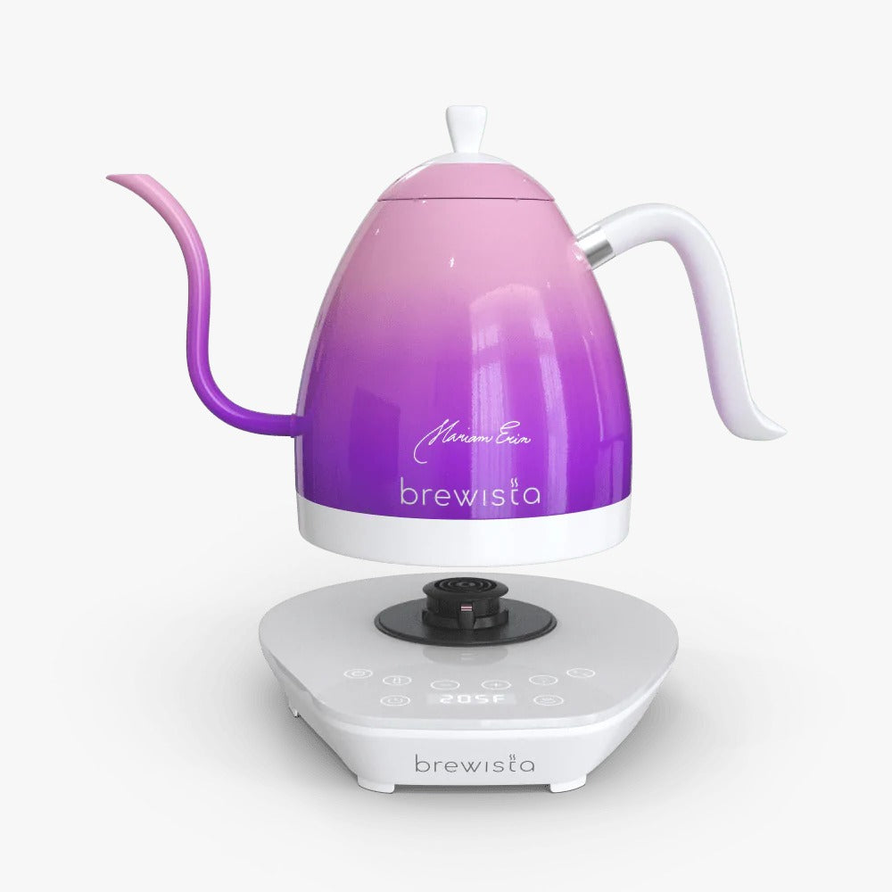 Brewista Artisan Gooseneck Kettle 1.0L in purple gradient with white handle and base for precise pouring