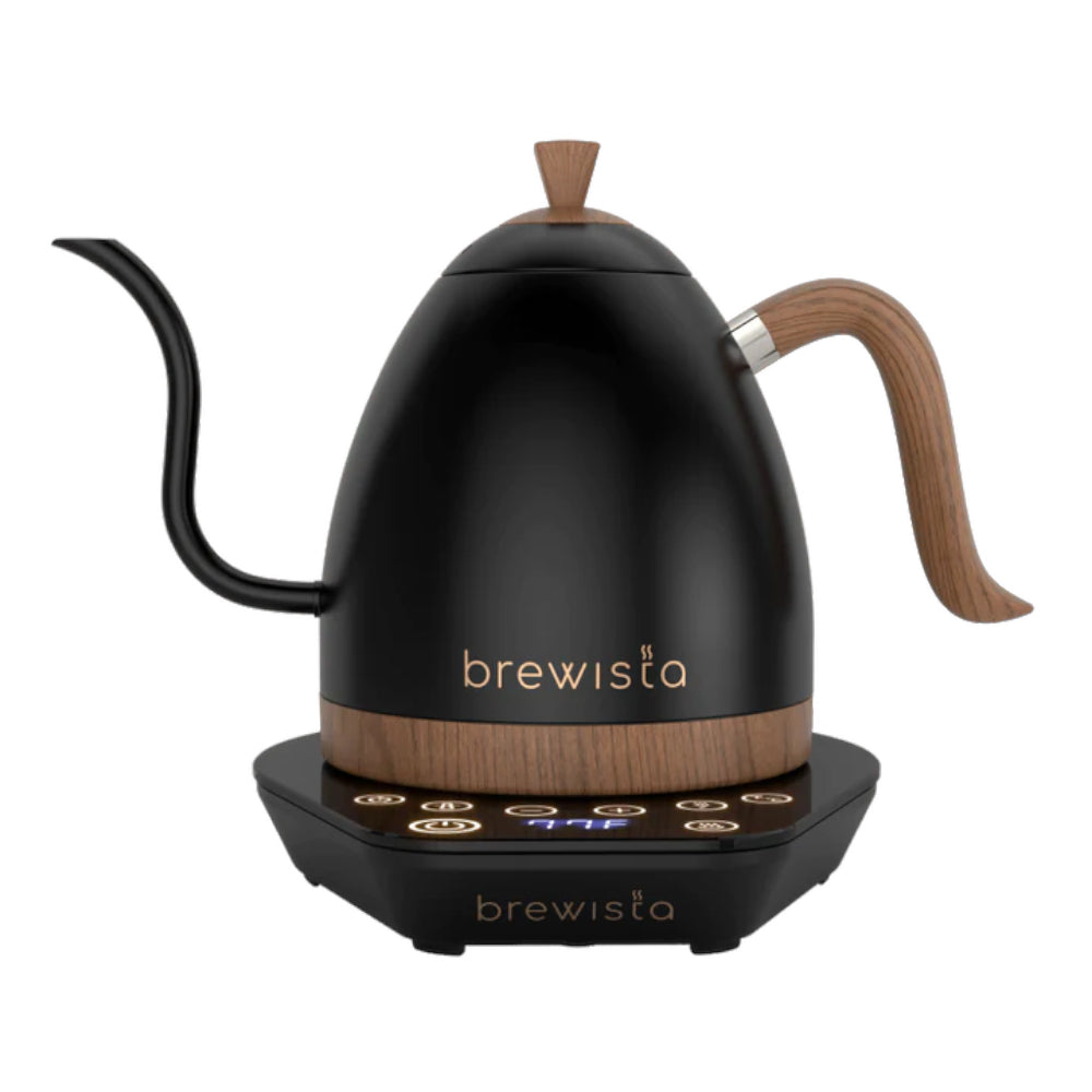 Brewista Artisan Gooseneck Kettle 600ml with black and wood design on digital base