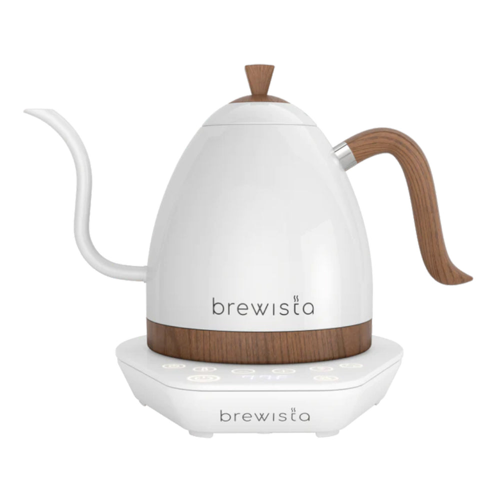 Brewista Artisan Gooseneck Kettle 600ml white with wood accents and digital base for precise pouring