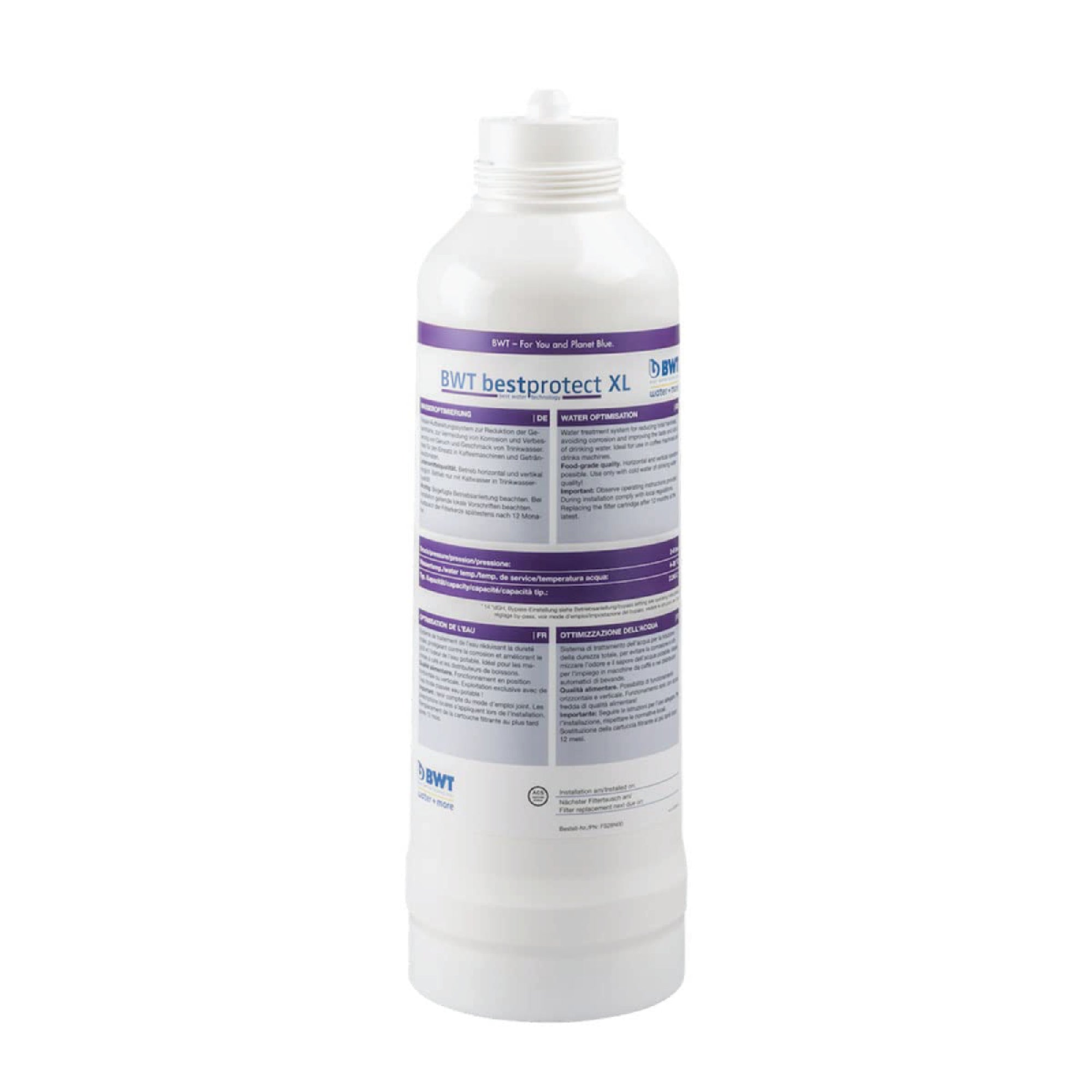 BWT Bestprotect XL Filter water solution cartridge in white with purple and blue label