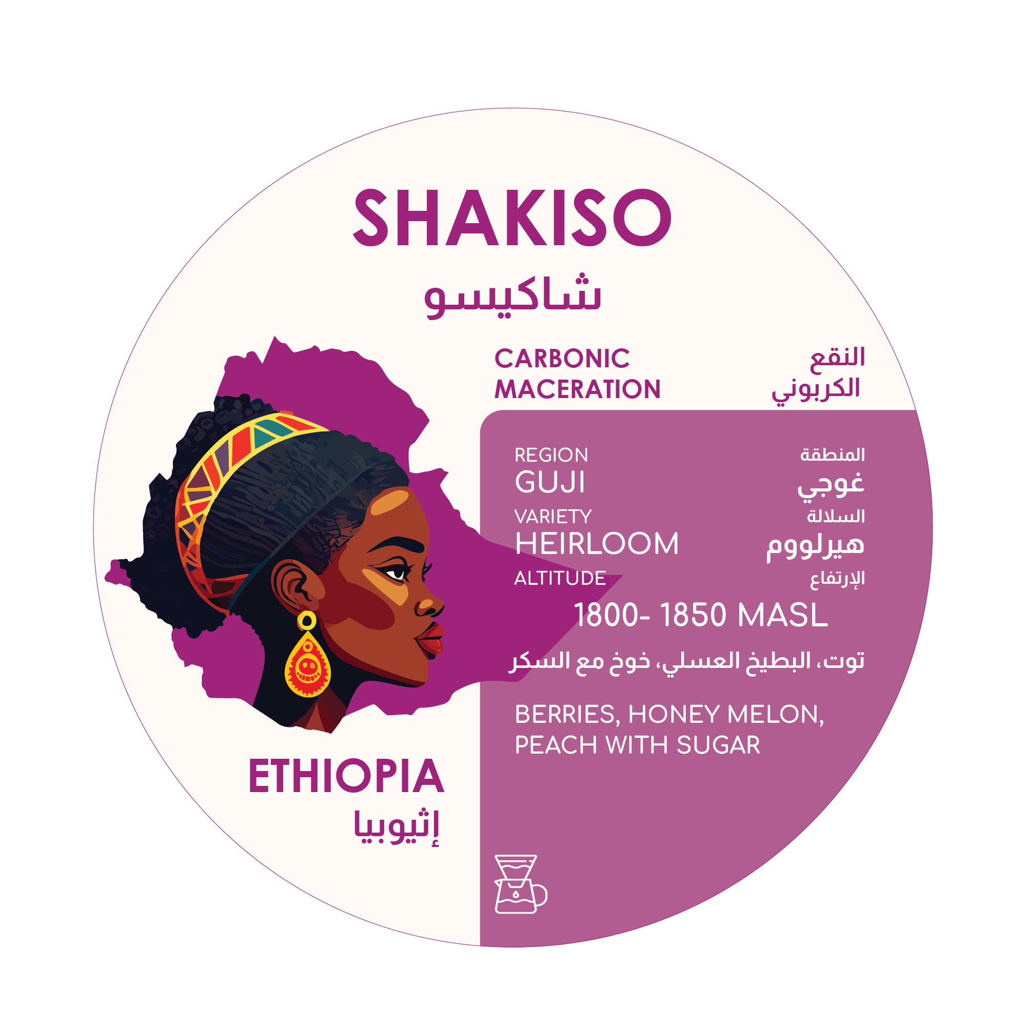 Herder Drip Coffee Shakiso pack label featuring Ethiopian woman illustration and coffee origin details
