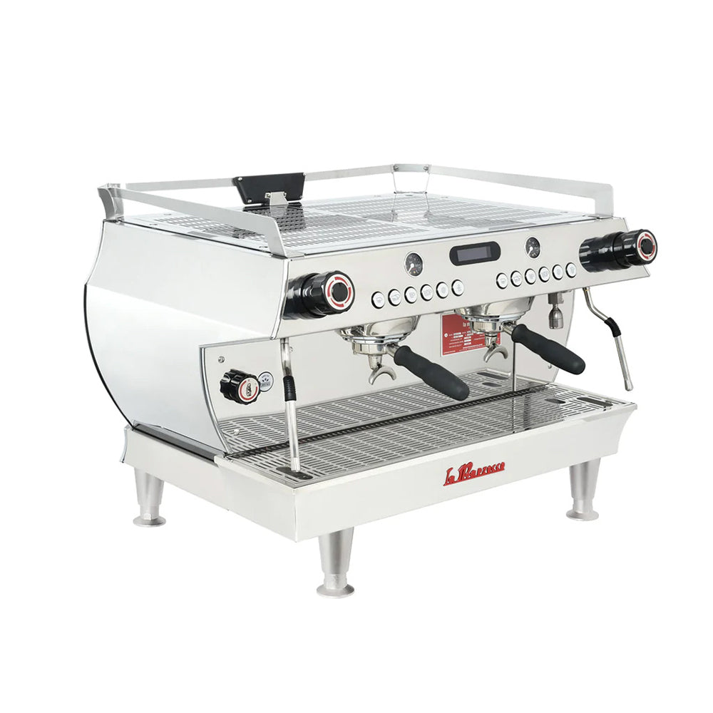 La Marzocco GB5 S 2 group stainless steel commercial espresso machine with dual portafilters