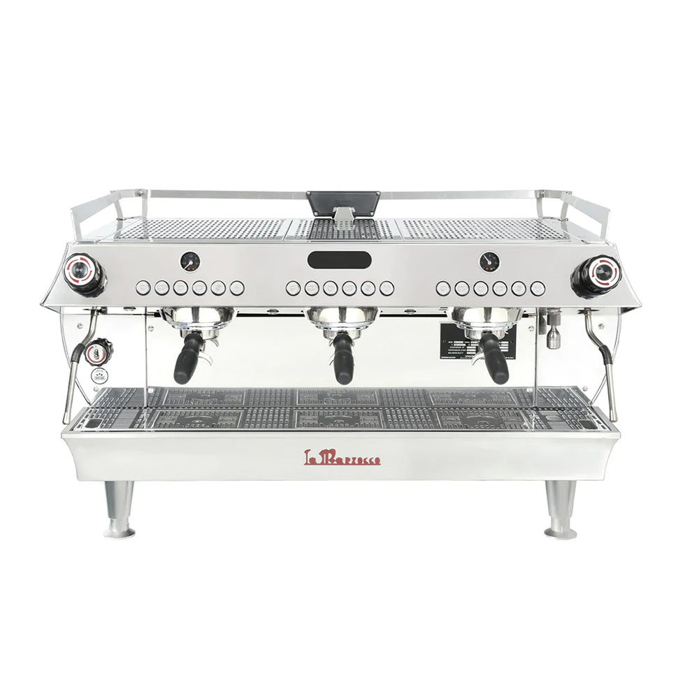 La Marzocco GB5 S 3 Group stainless steel professional espresso machine with three portafilters