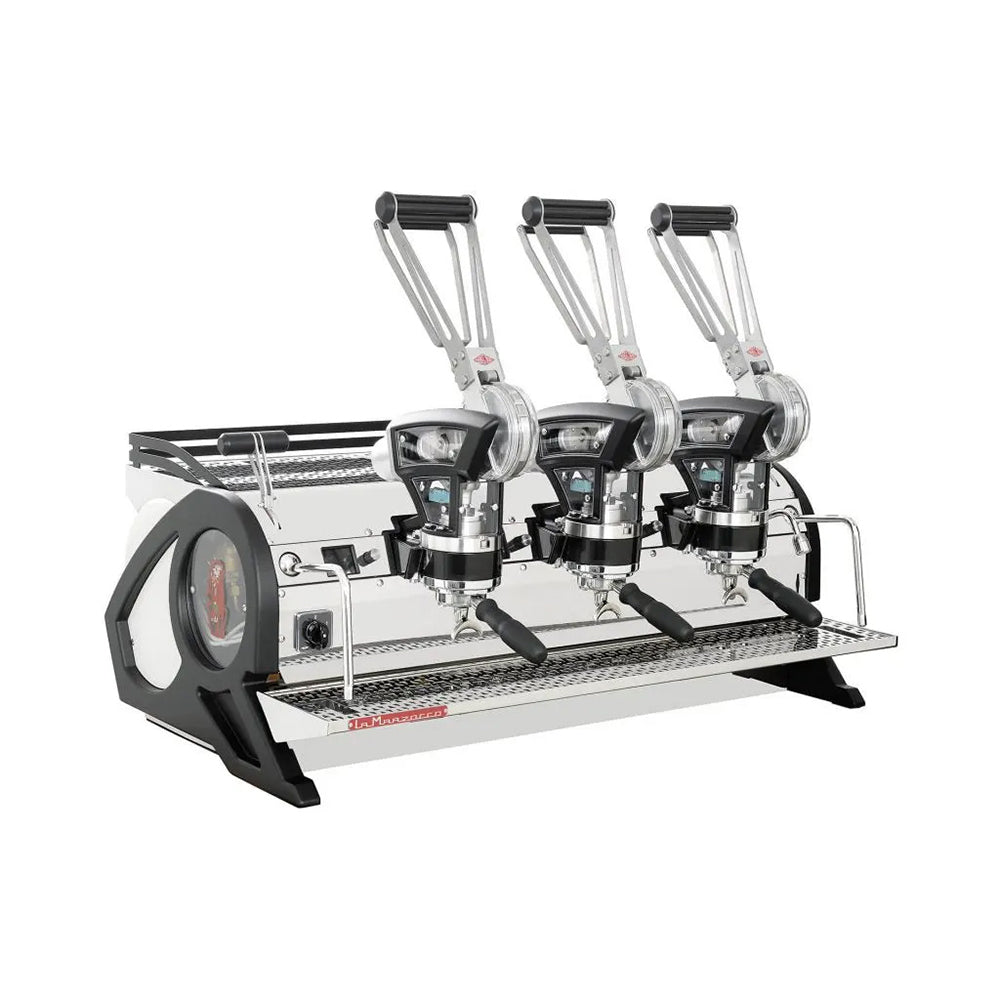 La Marzocco Leva X 3 Group commercial espresso machine with lever handles and stainless steel body