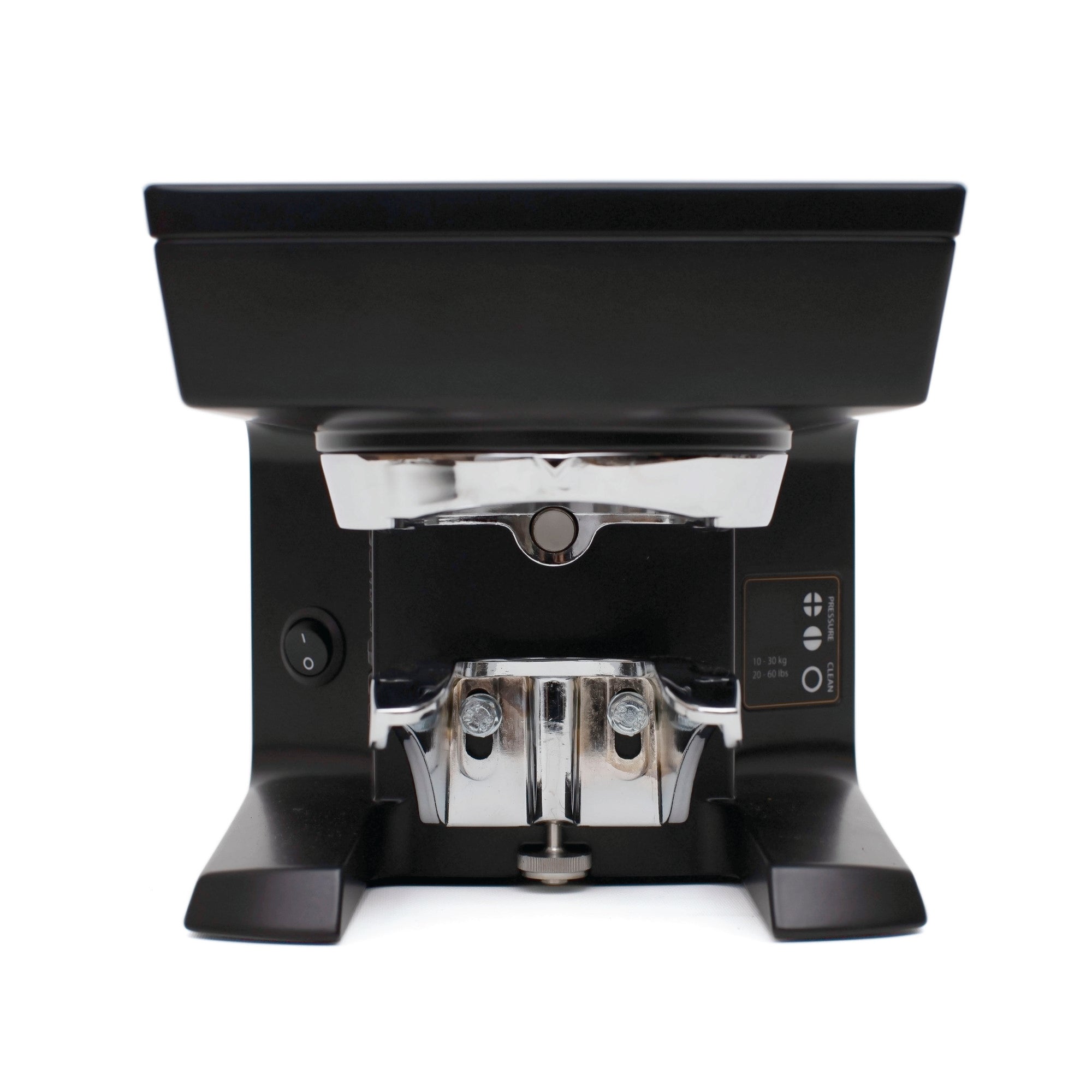 PUQ Press M2 GEN 5 black automatic tamper with chrome components and control switch