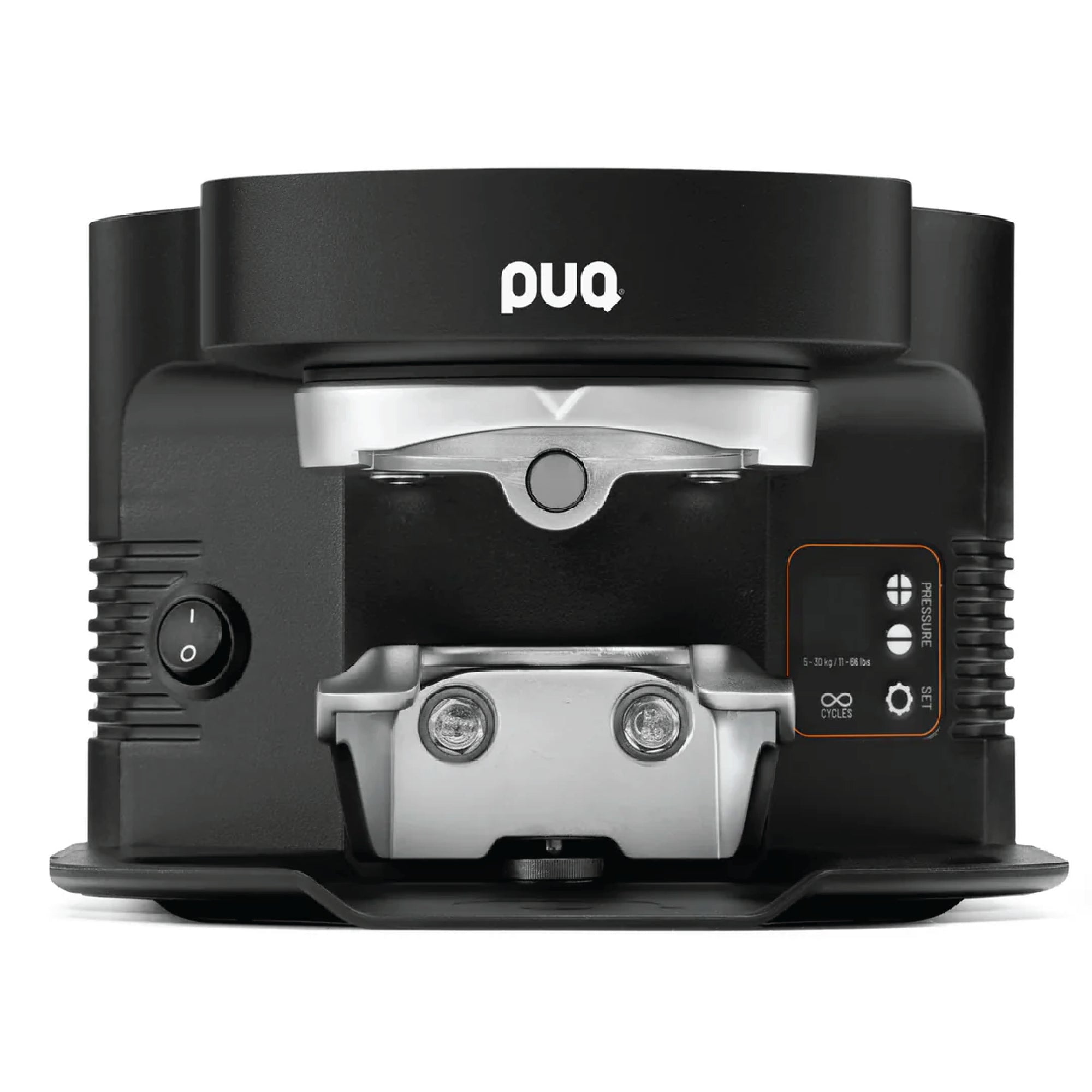 Front view of PUQ Press M3 GEN 5 automatic tamper with black and silver design and control buttons