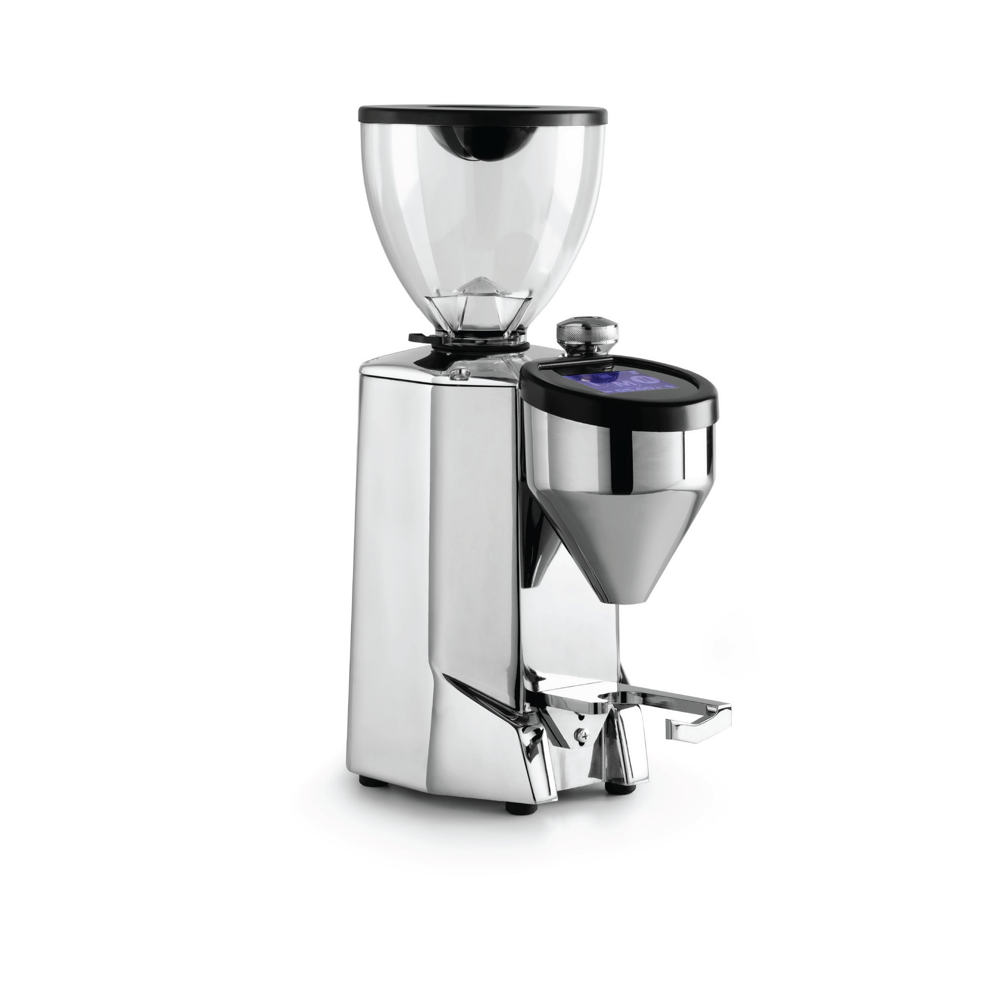 Rocket Espresso Fausto coffee grinder in stainless steel with clear bean hopper and digital display