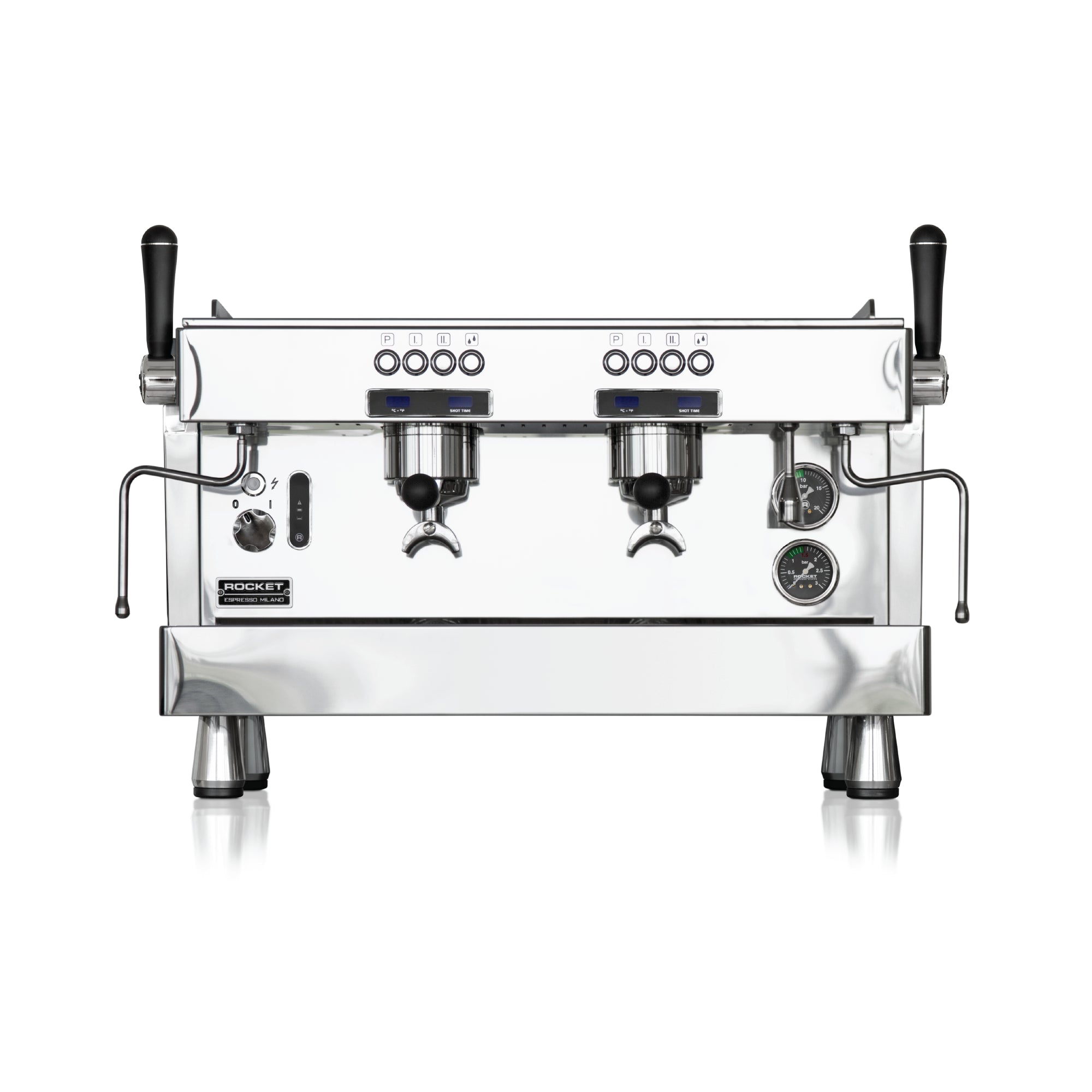 Rocket Espresso R9 commercial espresso machine in stainless steel with dual group heads and steam wands