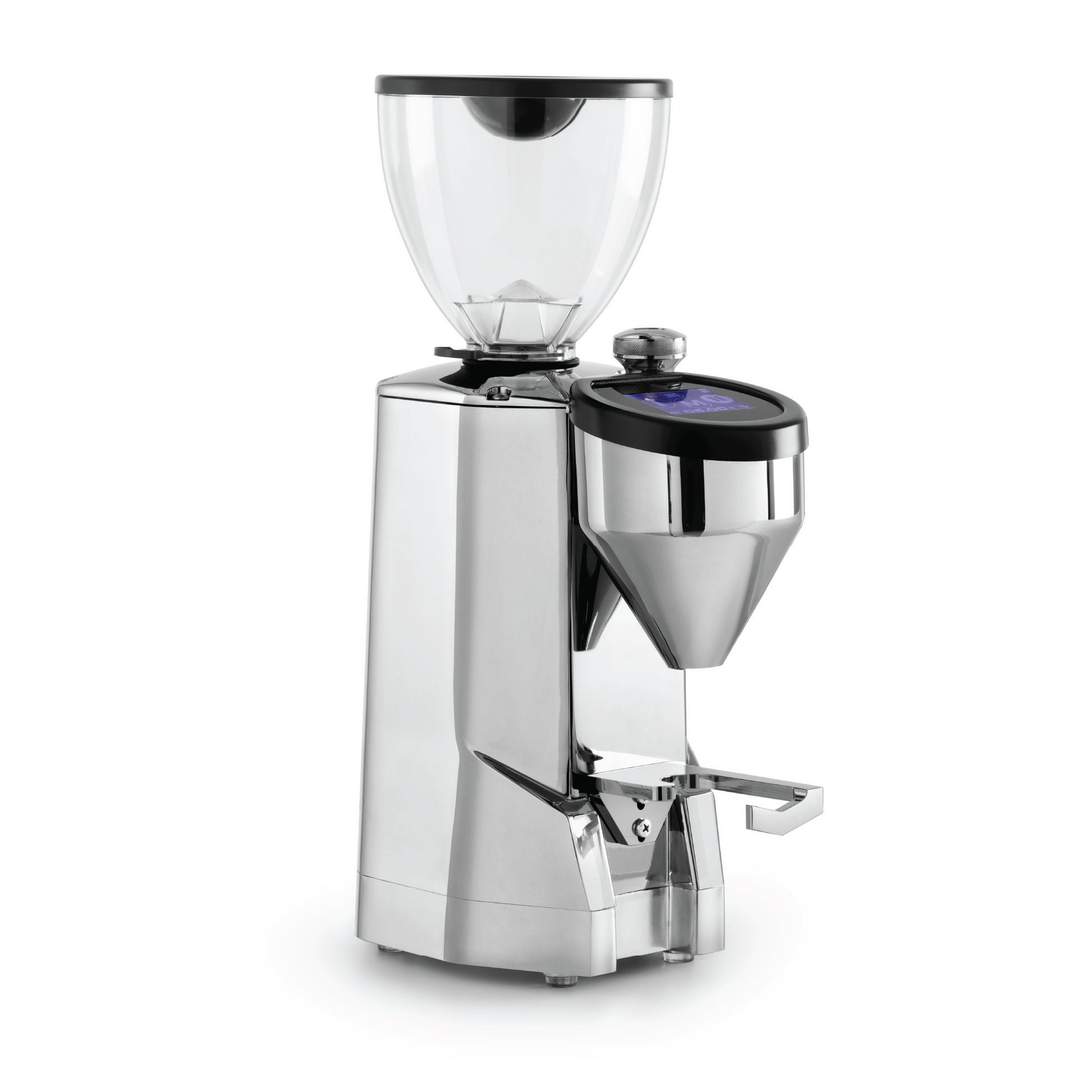 Rocket Espresso Super Fausto coffee grinder in polished stainless steel with clear bean hopper and digital display