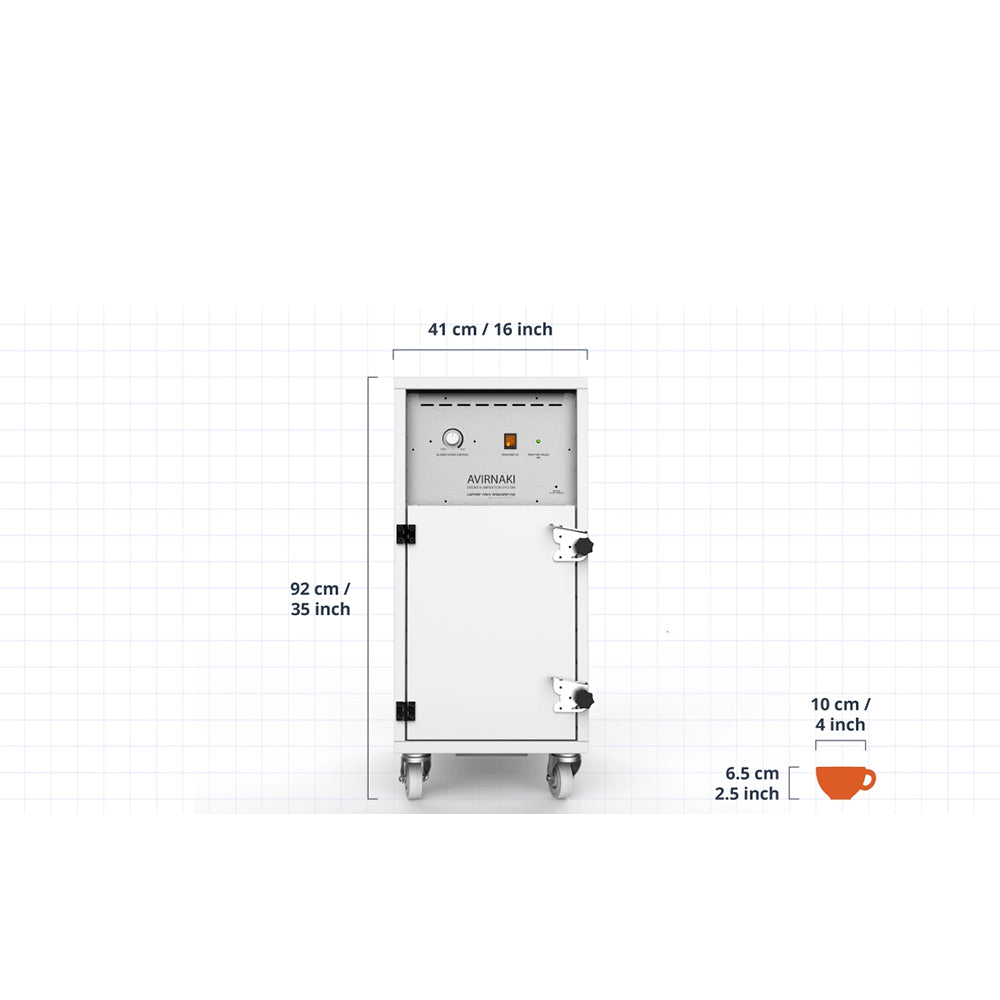 Coffee-Tech Engineering Avirnaki smoke filtration system for roastery with dimensions shown on white background