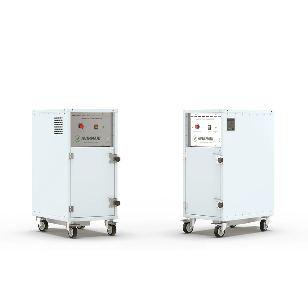Coffee-Tech Engineering Avirnaki smoke filtration system for roastery with white metal casing and control panel on wheels