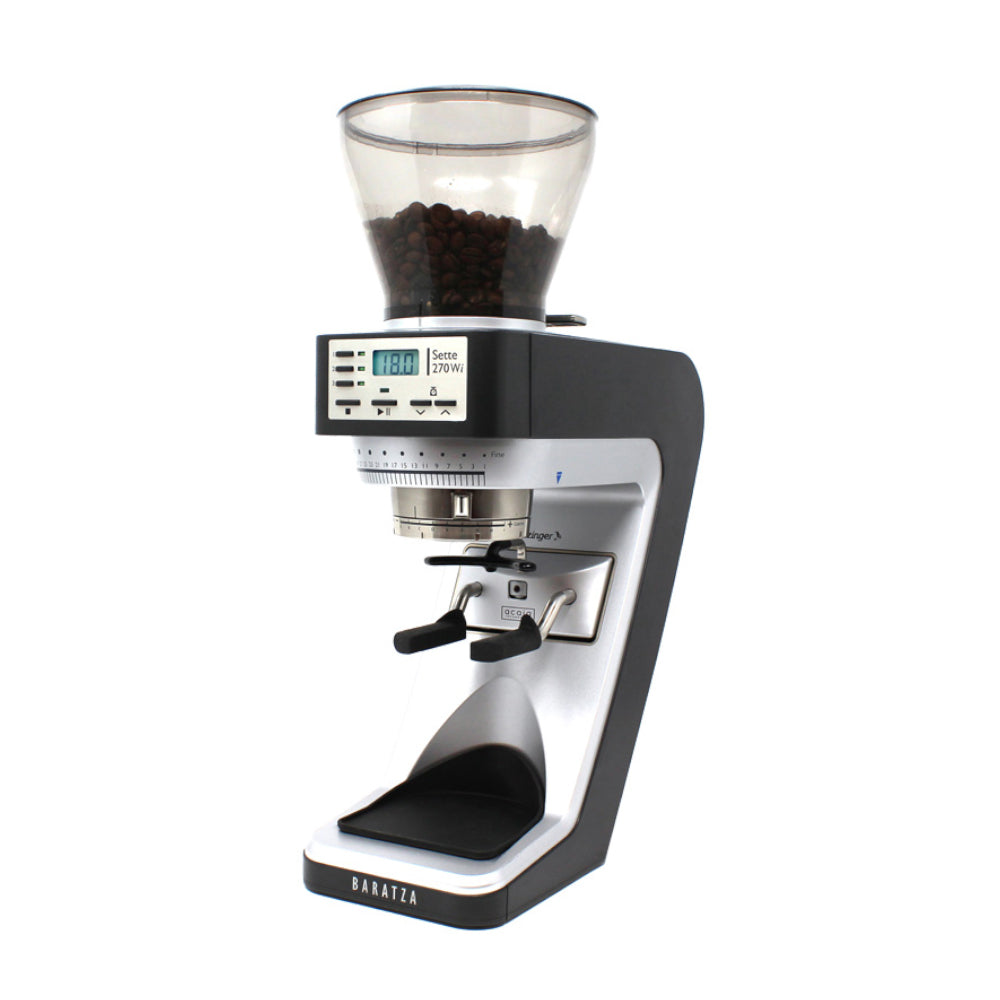 Baratza Sette 270Wi coffee grinder machine with digital display and bean hopper filled with coffee