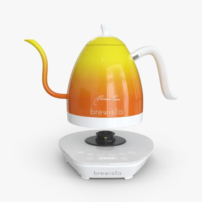 Brewista Artisan Gooseneck Kettle 1.0L in yellow to orange gradient with white handle and digital base