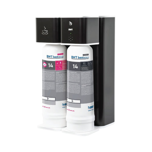 BWT Bestaqua Coffee 14 R.O System water filtration unit with dual white filter cartridges and black housing
