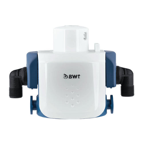 BWT Besthead Flex Filter Head water solution device with white and blue casing and black connectors