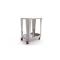 Stainless steel coffee roasting cart with red caster wheels by Coffee-Tech Engineering