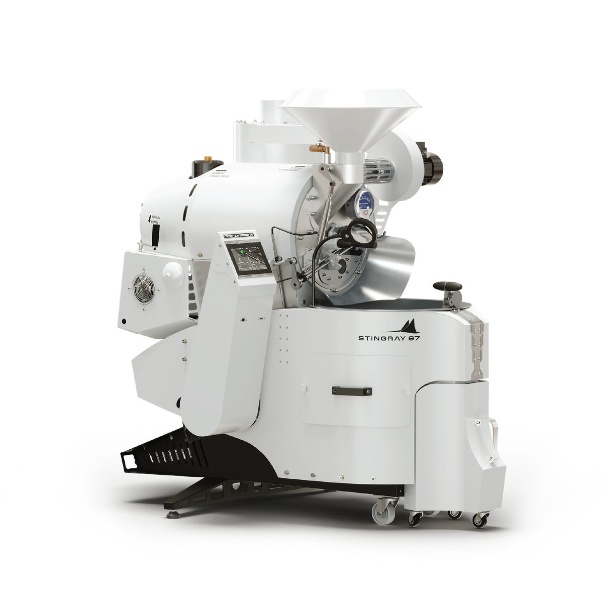 Coffee-Tech Engineering Stingray 7kg with Auto Doors and Profiler white coffee roastery machine on black background