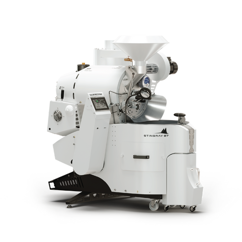 Coffee-Tech Engineering Stingray 7kg with Auto Doors and Profiler white coffee roastery machine on black background