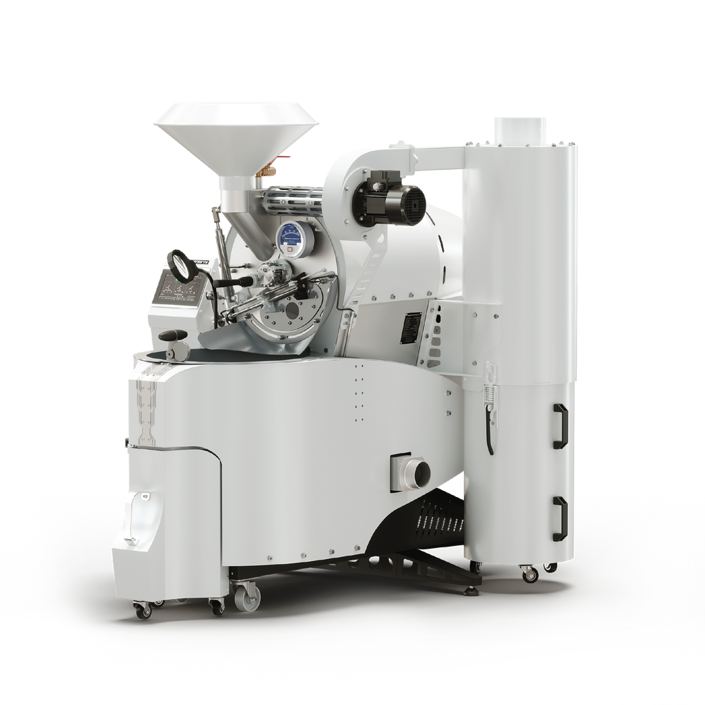 Coffee-Tech Engineering Stingray 7kg with Auto Doors and Profiler white coffee roastery machine on black background 1