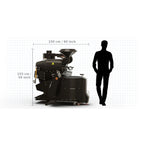 Coffee-Tech Engineering commercial coffee roaster machine in black with dimensions shown beside a silhouette of a person