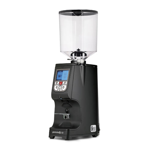 Eureka Atom Specialty 75 black coffee grinder machine with digital display and clear bean hopper