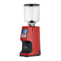 Red Eureka Atom Specialty 75 coffee grinder machine with digital display and clear bean hopper