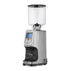 Eureka Atom Specialty 75 silver coffee grinder machine with digital display and clear bean hopper