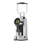 Eureka Helios 75 coffee grinder machine in silver with digital display and clear bean hopper