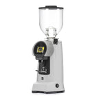 Eureka Helios 75 coffee grinder machine with digital display and clear bean hopper in white