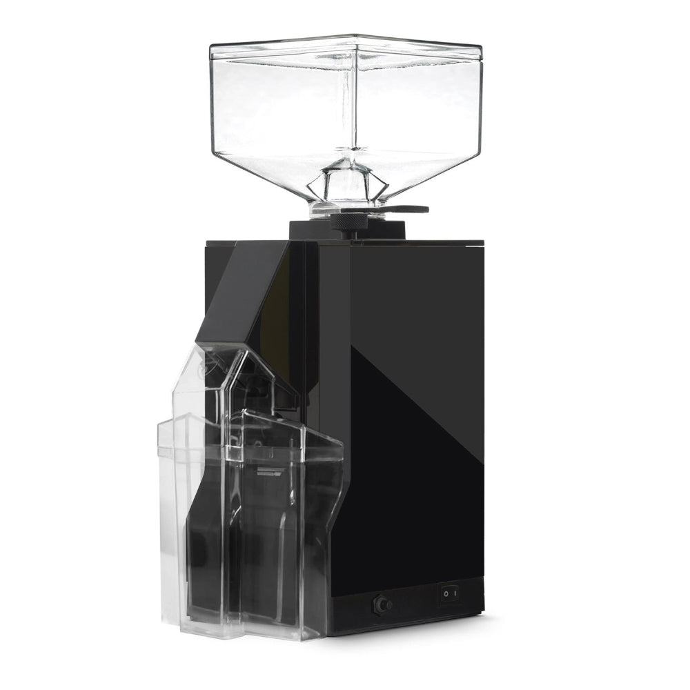 Eureka Mignon Filtro black coffee grinder machine with clear bean hopper and ground coffee container