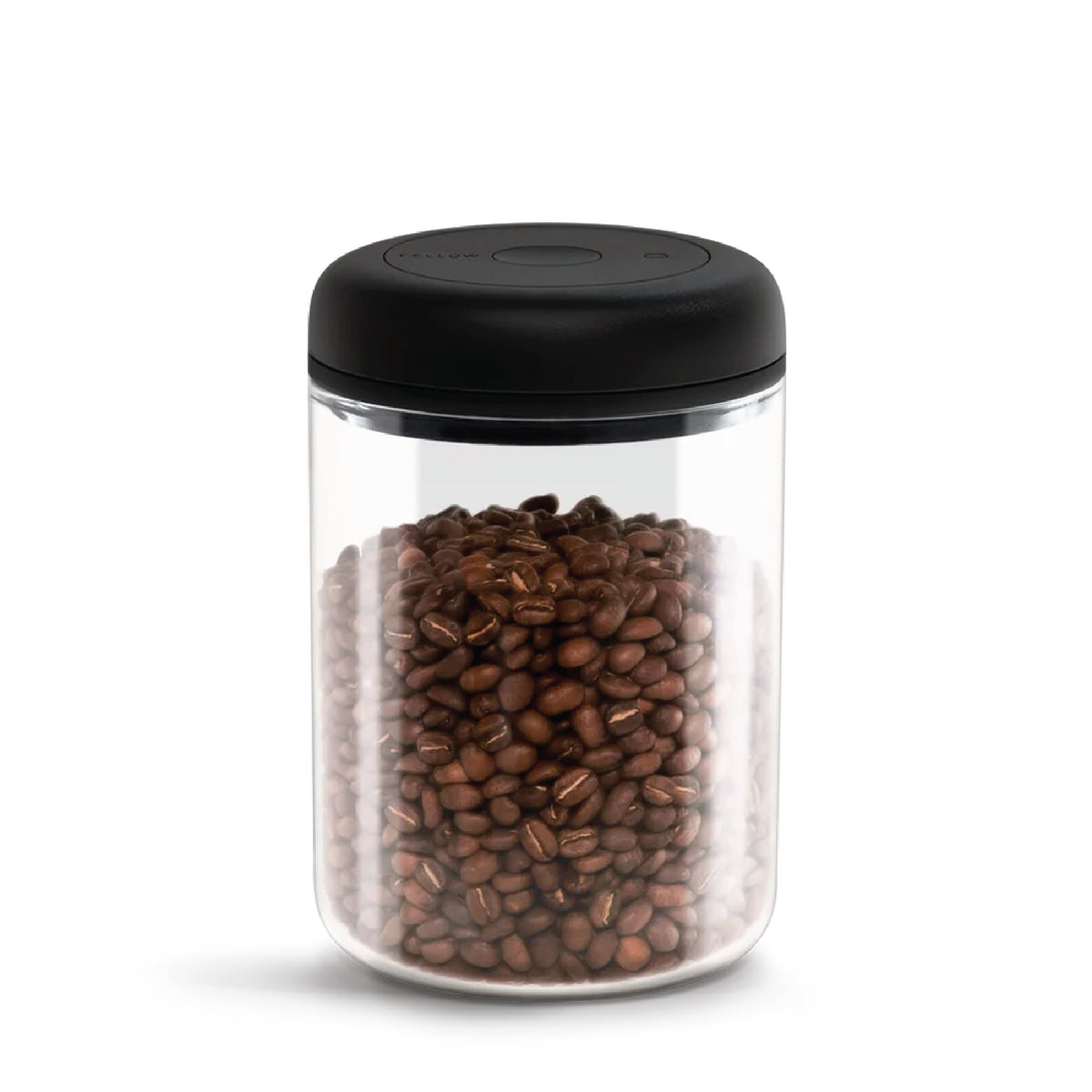 Fellow Atmos Vacuum Canister Clear Glass jar filled with whole coffee beans and black airtight lid