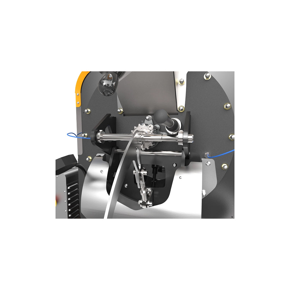 Close-up of Coffee-Tech Engineering Ghibli R15 Commercial Coffee Roaster showing roasting drum and metal components