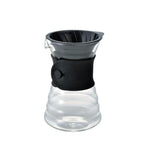 Hario V60 Drip Decanter glass coffee maker with black silicone grip and drip cone
