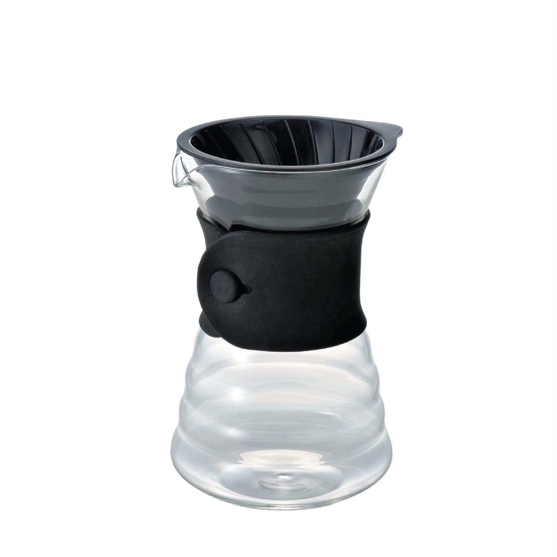 Hario V60 Drip Decanter glass coffee maker with black silicone grip and drip cone