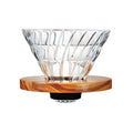 Hario V60 Glass Dripper Olive Wood 02 coffee maker with clear glass and olive wood base for manual brewing
