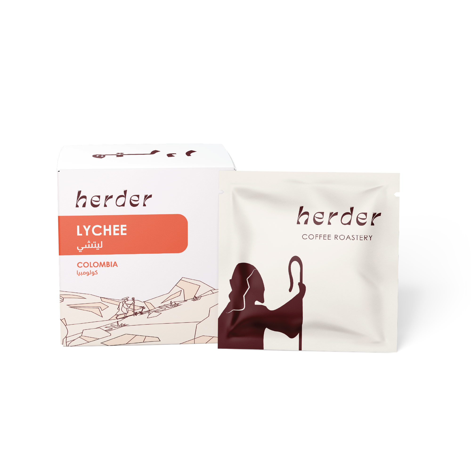 Herder Coffee Roastery Drip Coffee Lychee Pack with Colombia coffee in white and orange packaging