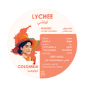 Herder Coffee Roastery Lychee Colombia coffee beans label featuring a woman in traditional attire and tasting notes