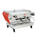 La Marzocco KB90 professional espresso machine with dual portafilters and red side panels