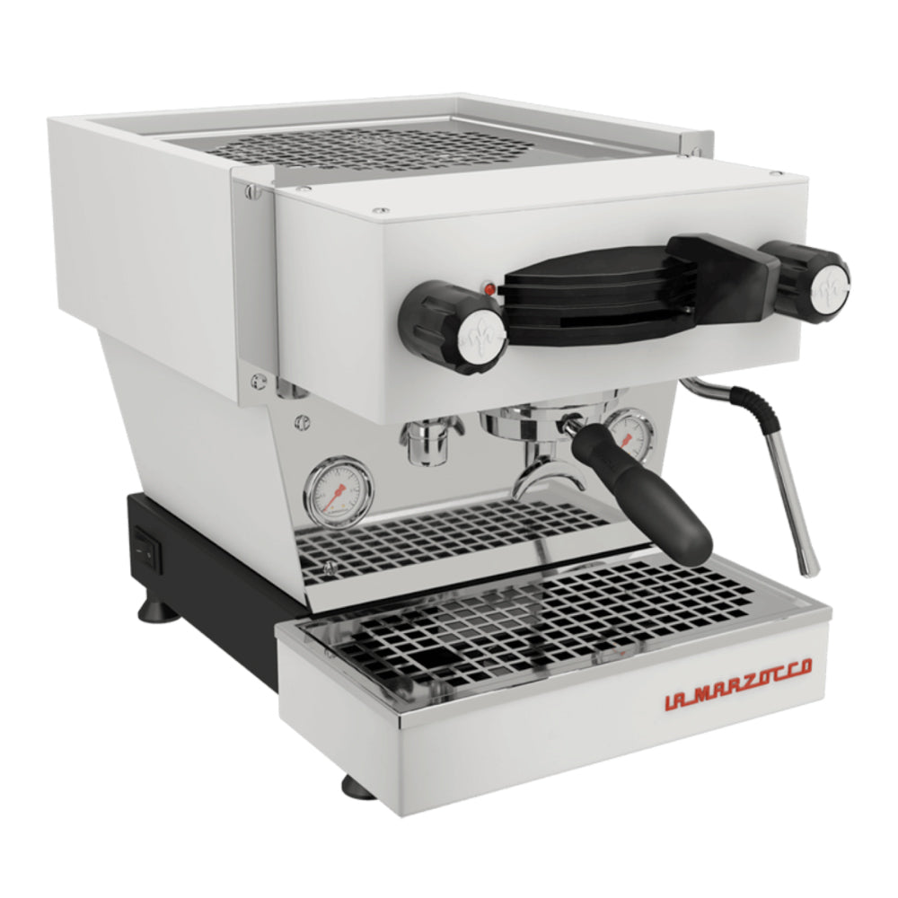 La Marzocco Linea Mini espresso machine with stainless steel body and dual pressure gauges