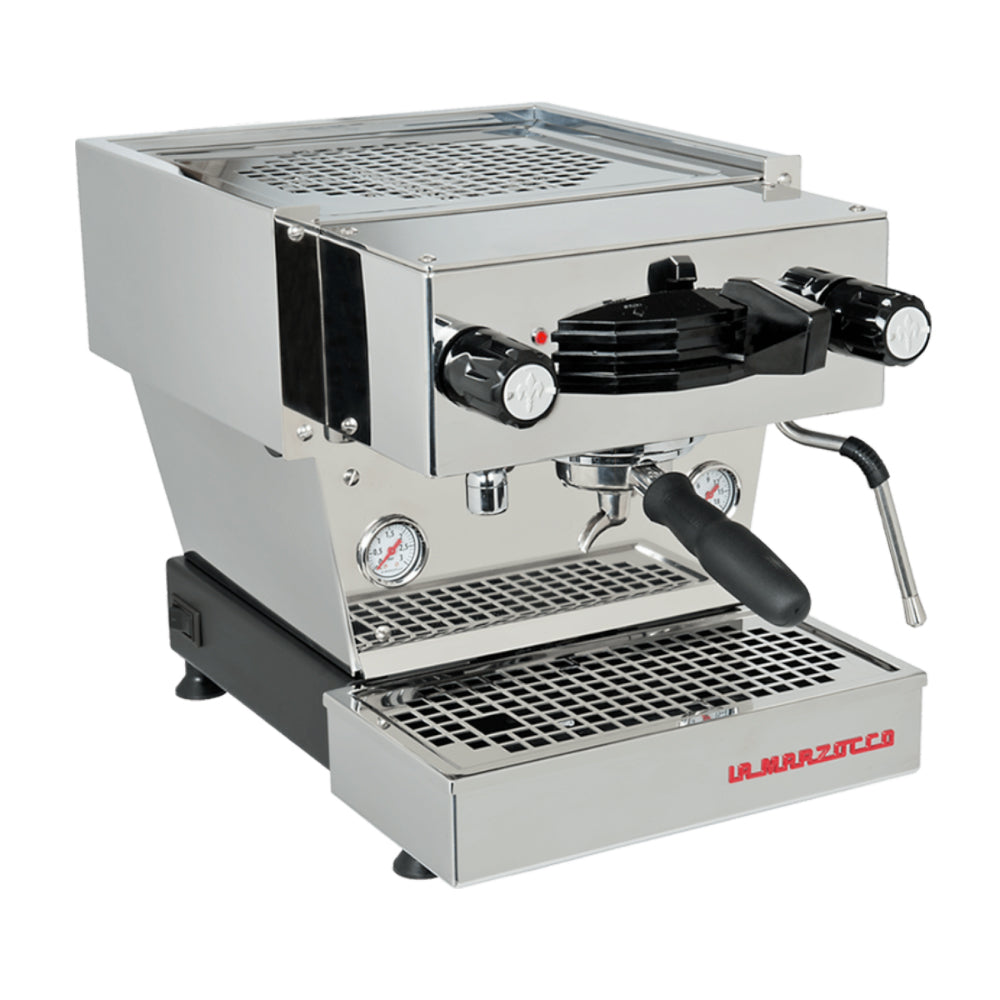 La Marzocco Linea Mini stainless steel espresso machine with dual gauges and steam wand