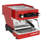 La Marzocco Linea Mini red espresso machine with stainless steel accents and steam wand
