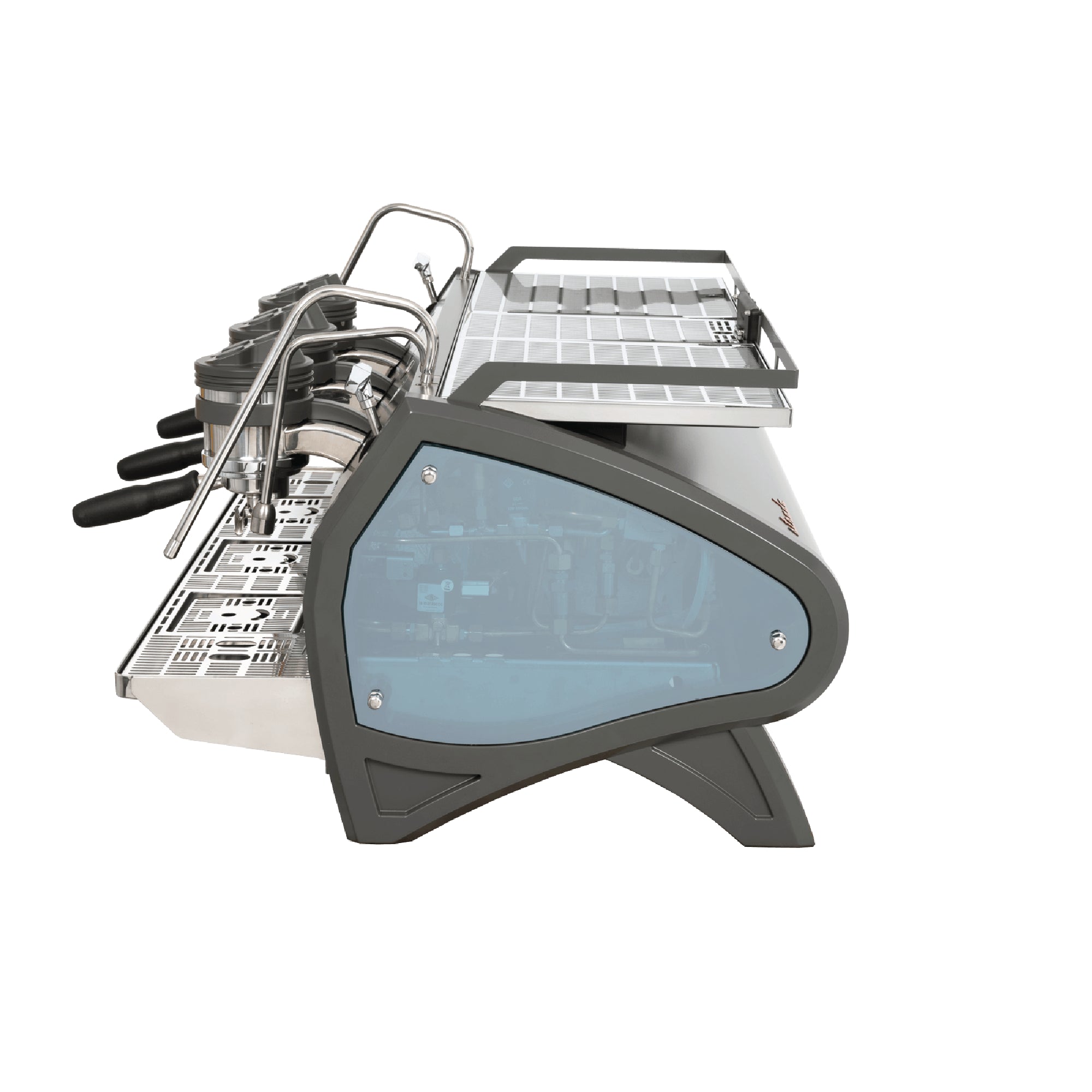 Side view of La Marzocco Strada S espresso machine with stainless steel and glass panel design