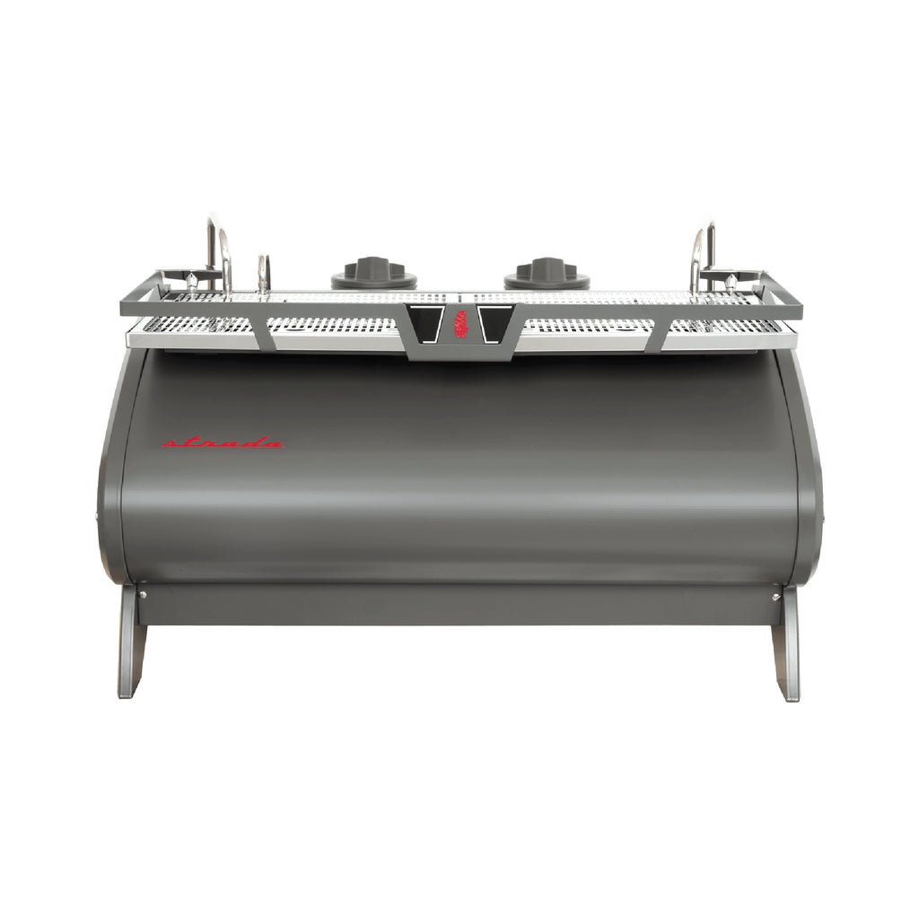 Front view of La Marzocco Strada S espresso machine in sleek gray with metallic accents