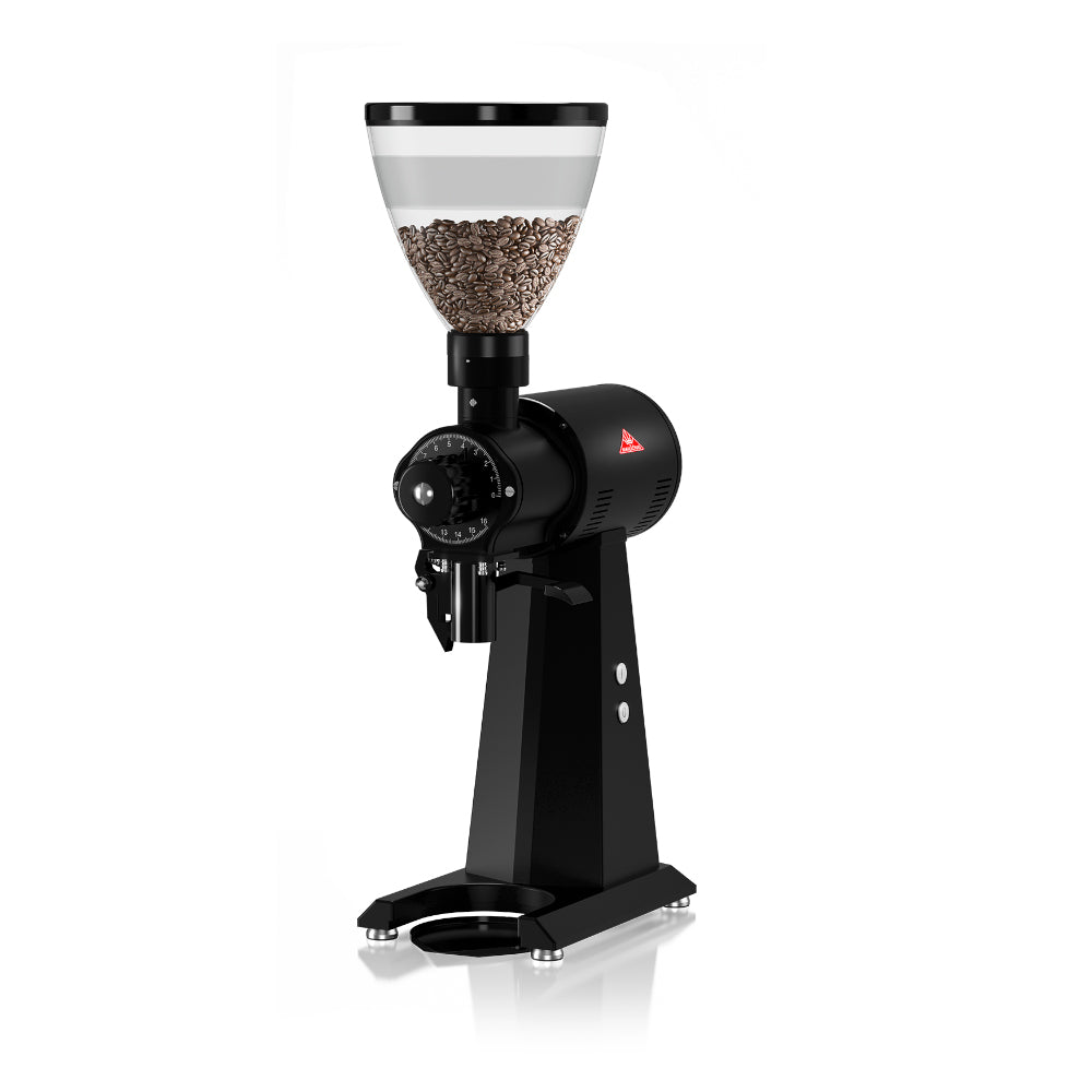 Mahlkoenig EK43 black coffee grinder machine with bean hopper filled with coffee beans