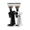Black and white Mahlkoenig EK43 coffee grinders with bean hoppers for commercial use